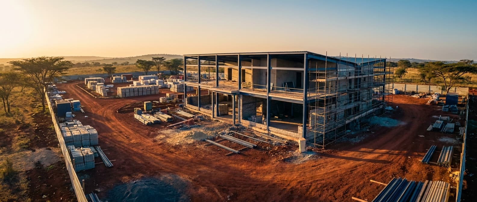 Aerial view of a well-organised, mid-stage construction site at golden hour